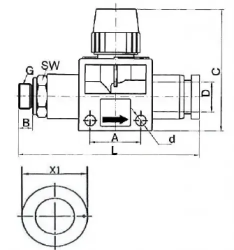 Zeichnung Riegler® Absperrhahn Standard mit zylindrischem Außengewinde und Steckanschluss